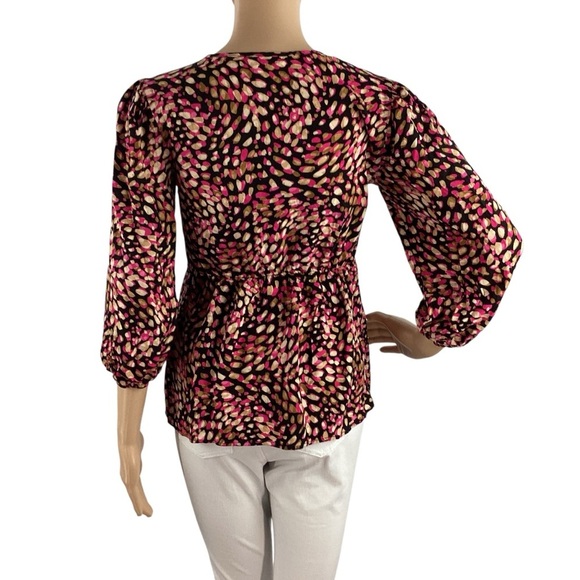 Cato Smocked Empire Waist Blouse Black Pink Print Size Small - Picture 5 of 7